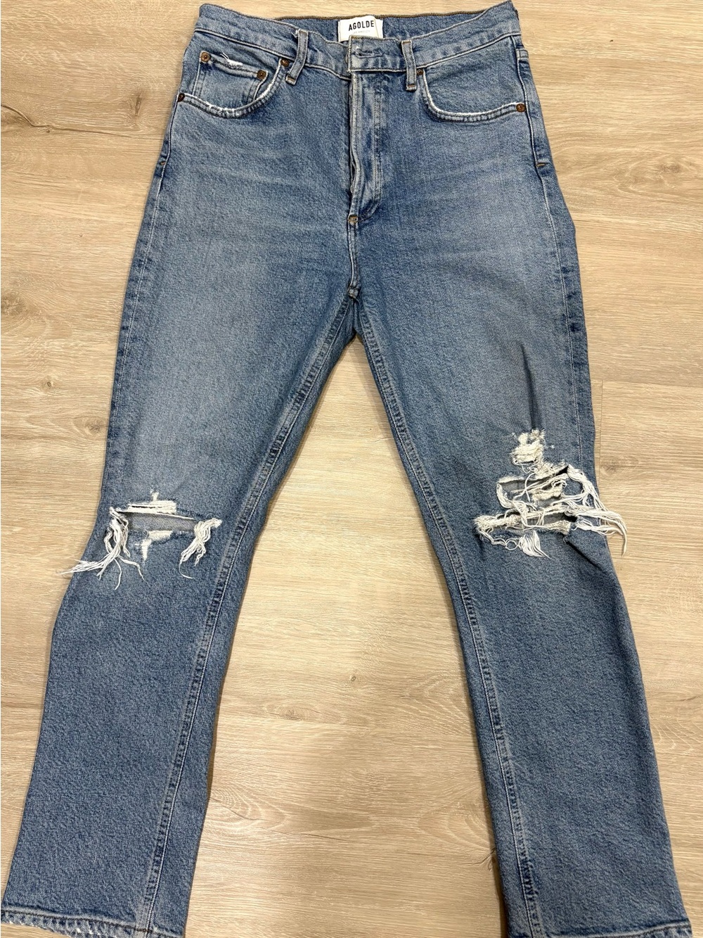 Agolde Straight Leg Distressed Jeans — Light Blue Denim